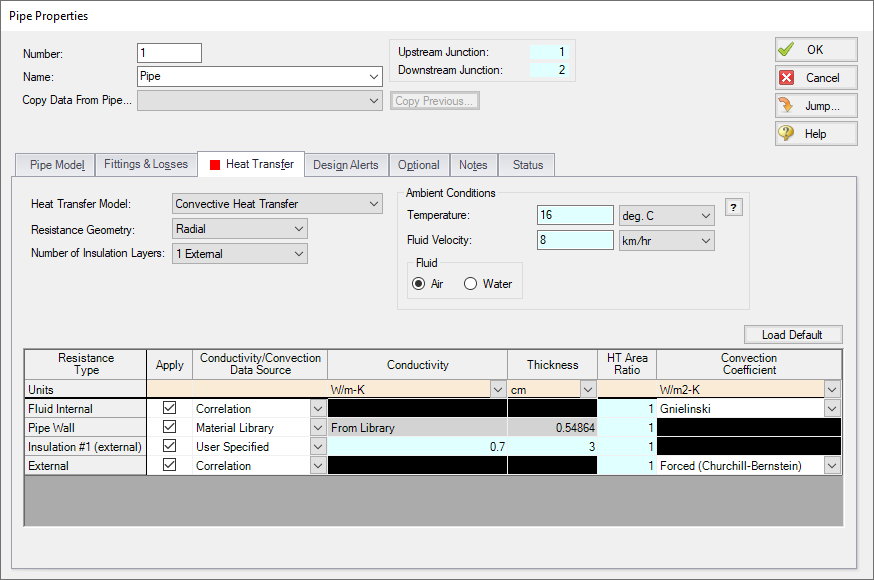 Fully defined Heat Transfer tab of the Pipe Properties window.